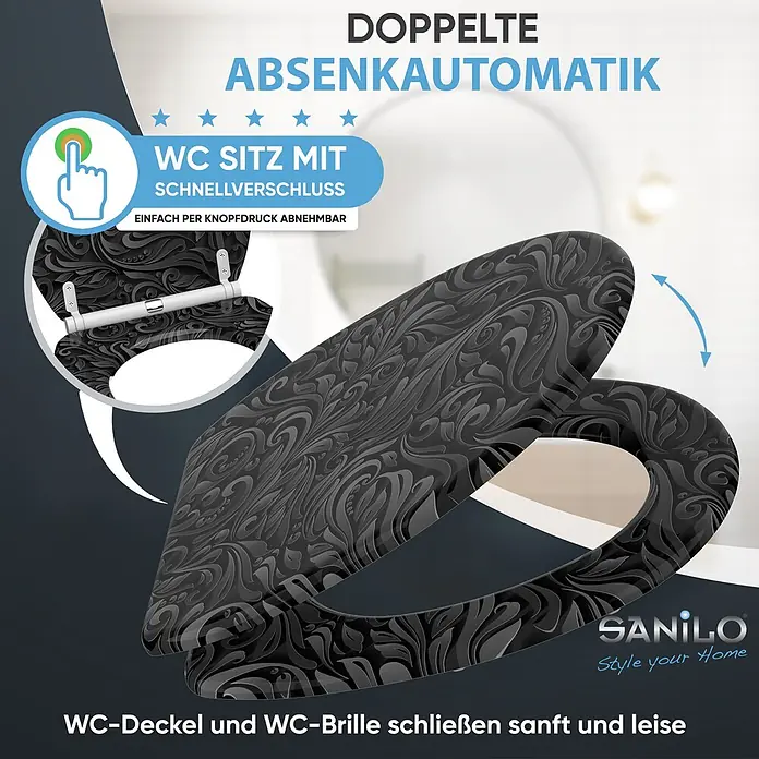 SANILO WC-Sitz Floral mit Schnellverschluss - MDF, Schwarz, Mit Absenkautomatik - Ein schwarzer Toilettensitz mit dekorativem Muster, Doppel-Absenkautomatik und Schnellverschluss. Deckel und Brille schließen sanft und leise.