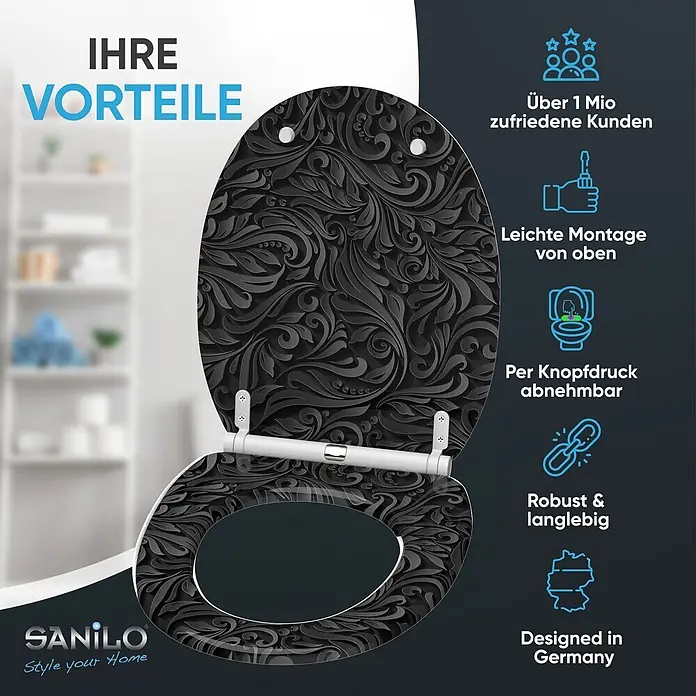 SANILO WC-Sitz Floral mit Schnellverschluss - MDF, Schwarz, Mit Absenkautomatik - Schwarzer Toilettensitz mit detailliertem Blumenmuster, geöffnet mit weißen Scharnieren. Produktvorteile aufgeführt.