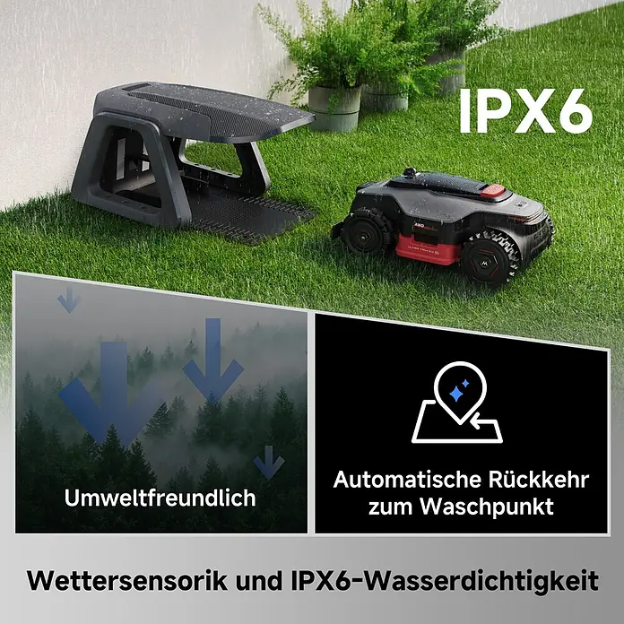 Mova Mähroboter LiDAX Ultra 1000 AWD - 1.000 m², Schnittbreite: 40 cm, Laser-gestützte Navigation, LiDAR - Ein schwarzer und roter Rasenroboter und seine Ladestation im Regen, der seine IPX6-Wasserdichtigkeit hervorhebt.