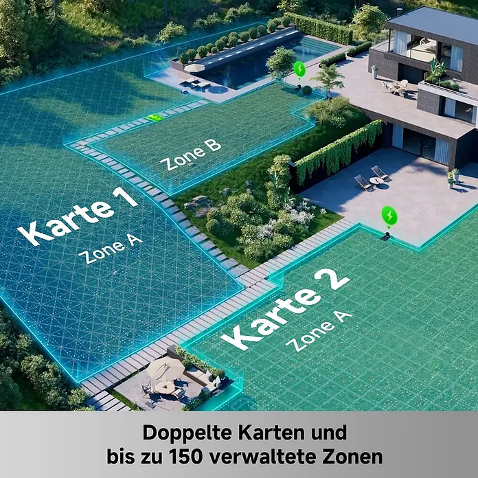 Mova Mähroboter LiDAX Ultra 1000 AWD - 1.000 m², Schnittbreite: 40 cm, Laser-gestützte Navigation, LiDAR - Smartes Rasenpflegesystem, das zwei Karten mit Zonen (A, B) für einen großen Garten anzeigt und bis zu 150 Zonen verwaltet.