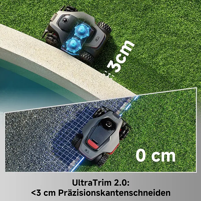 Mova Mähroboter LiDAX Ultra 1000 AWD - 1.000 m², Schnittbreite: 40 cm, Laser-gestützte Navigation, LiDAR - Grauer und schwarzer Mähroboter, der Rasenkanten präzise auf unter 3cm am Pool und auf 0cm am Kies trimmt.