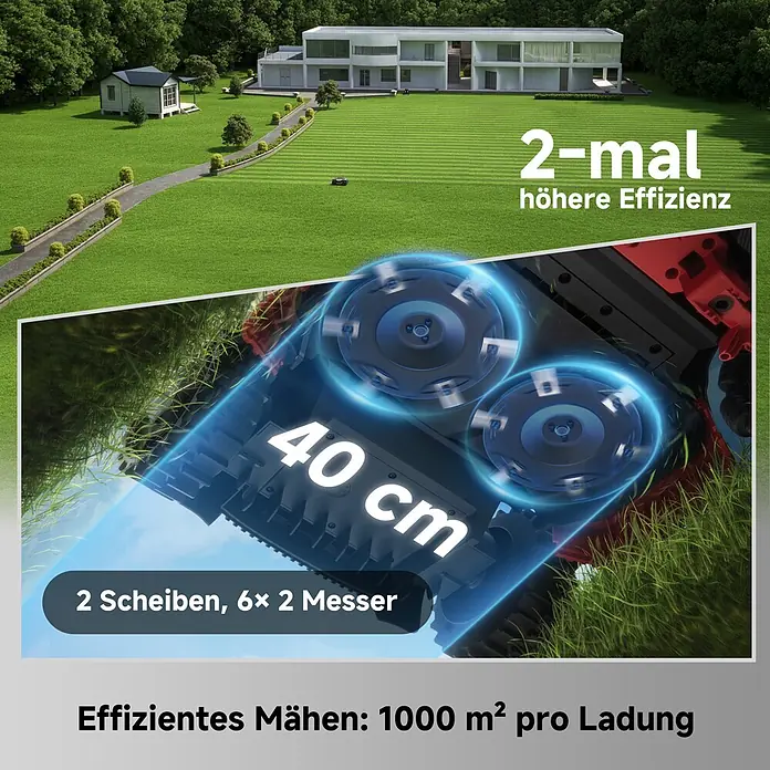 Mova Mähroboter LiDAX Ultra 1000 AWD - 1.000 m², Schnittbreite: 40 cm, Laser-gestützte Navigation, LiDAR - Mähroboter mit 40 cm Schnittbreite, 2 Scheiben und 12 Messern, mäht effizient 1000 m² pro Ladung mit 2x höherer Effizienz.