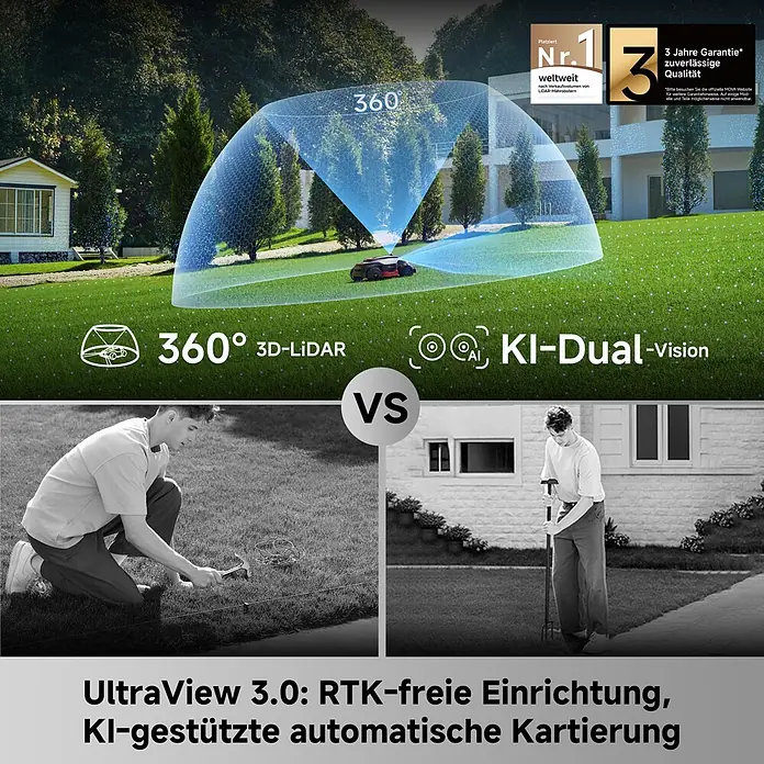 Mova Mähroboter LiDAX Ultra 1000 AWD - 1.000 m², Schnittbreite: 40 cm, Laser-gestützte Navigation, LiDAR - Moderner Mähroboter mit 360° 3D-LiDAR und KI-Dual-Vision-Kartierung, zeigt RTK-freie Einrichtung vs. manueller Aufwand.