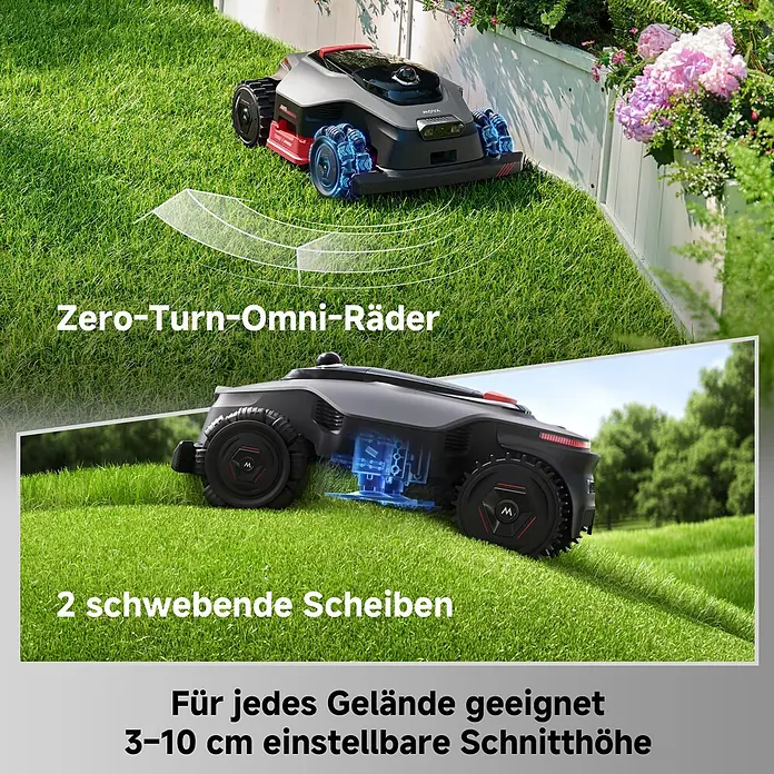 Mova Mähroboter LiDAX Ultra 1000 AWD - 1.000 m², Schnittbreite: 40 cm, Laser-gestützte Navigation, LiDAR - Grauer Rasenroboter mit Omni-Rädern und schwebenden Mähscheiben auf Rasen. Schnitttiefe 3-10 cm für jedes Gelände einstellbar.