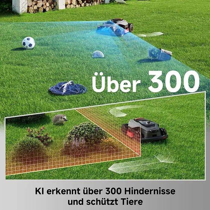Mova Mähroboter LiDAX Ultra 1000 AWD - 1.000 m², Schnittbreite: 40 cm, Laser-gestützte Navigation, LiDAR - Ein dunkelgrauer Mähroboter mit roten Akzenten demonstriert KI-Hinderniserkennung und Tierschutz, sichert Lebewesen wie einen Igel.