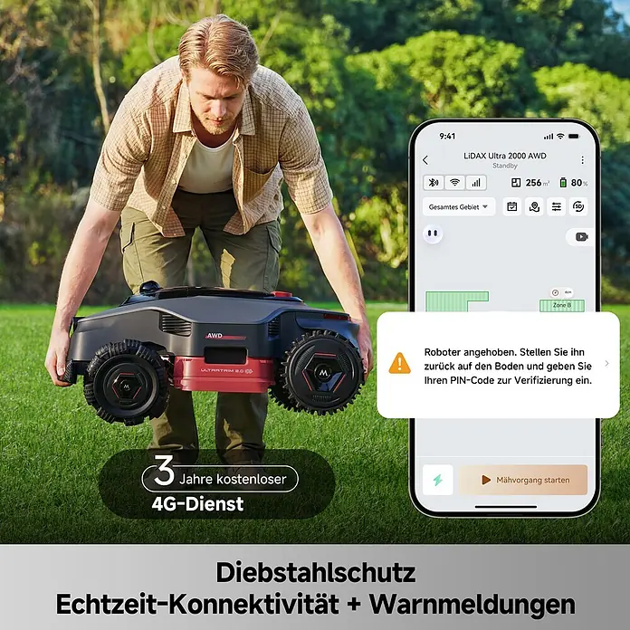 Mova Mähroboter LiDAX Ultra 1000 AWD - 1.000 m², Schnittbreite: 40 cm, Laser-gestützte Navigation, LiDAR - Ein Mann hebt einen dunkelgrauen Mähroboter mit roten Akzenten; die App zeigt eine Warnung über das angehobene Gerät.