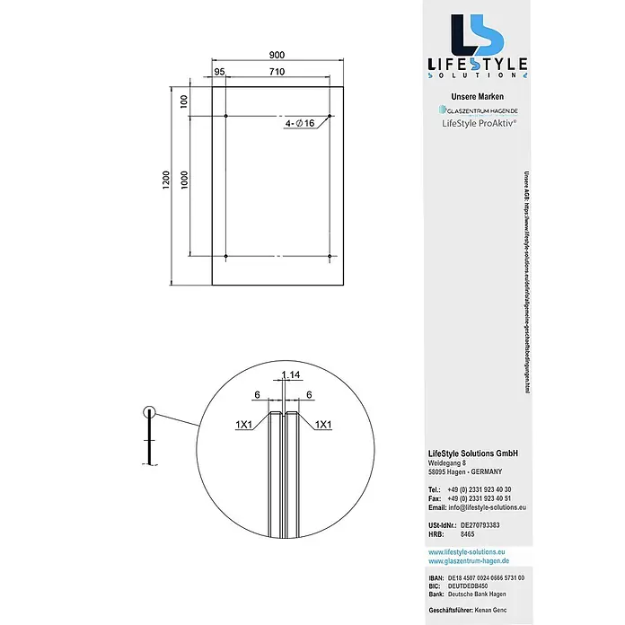 Glaszentrum Hagen Vordach 120x90 cm Klarglas Glasvordach - S-Halter in RAL7016 - Anthrazit RAL7016 - Technisches Zeichnung einer Glasscheibe/Spiegels (900x1200 mm) mit Maßen und Montagelochdetails (4xØ16mm).