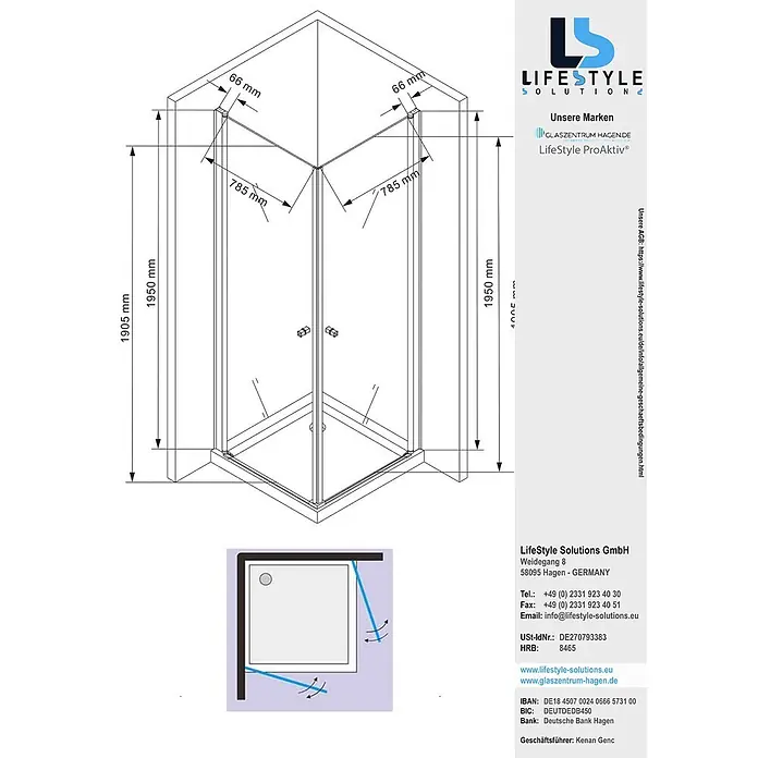 Glaszentrum Hagen Eckdusche 90x90x195 cm Zeus EckDuschkabine - 90 x 90 x 195 cm, Imprägniert, Farblos, Stärke: 8 mm - Glastür-Eckduschkabine mit Schwenktüren und Metallrahmen, Maße angegeben.