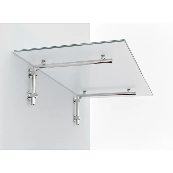 Glaszentrum Hagen Vordach 200x90 cm FR Glasvordach L-Halter Edelstahl - Silber - Klarglas-Eckablage mit polierten Metall-Wandhalterungen.