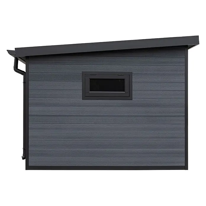 Fjordholz Gartenhaus Style DeLuxe 2-Raum mit Lounge - Außenmaß inkl. Dachüberstand (B x T): 742,5 x 325 cm, Aluminium, Anthrazit/grau - Modernes dunkelgraues Gartenhaus mit horizontaler Verkleidung, schrägem schwarzem Dach, integrierter Regenrinne und kleinem schwarzen Fenster.