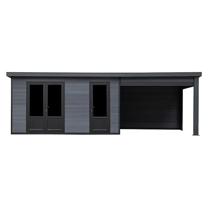 Fjordholz Gartenhaus Style DeLuxe 2-Raum mit Lounge - Außenmaß inkl. Dachüberstand (B x T): 742,5 x 325 cm, Aluminium, Anthrazit/grau - Grauer Geräteschuppen aus Verbundmaterial mit Doppeltür und Einzeltür, integriertem dunkelgrauem Carport.