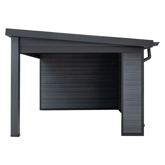 Fjordholz Gartenhaus Style DeLuxe 2-Raum mit Lounge - Außenmaß inkl. Dachüberstand (B x T): 742,5 x 325 cm, Aluminium, Anthrazit/grau - Dunkelgrauer Verbundstoff-Unterstand mit Pultdach, Holzoptik-Paneelen und Regenrinne.