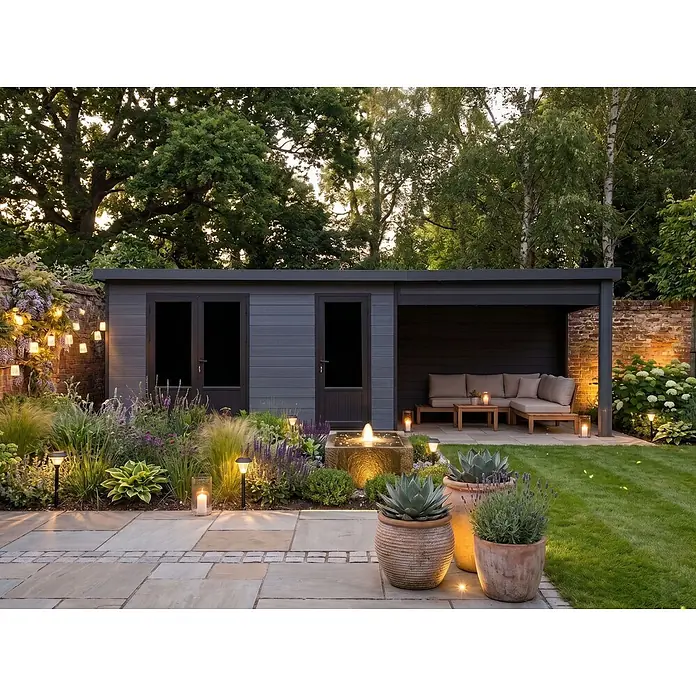 Fjordholz Gartenhaus Style DeLuxe 2-Raum mit Lounge - Außenmaß inkl. Dachüberstand (B x T): 742,5 x 325 cm, Aluminium, Anthrazit/grau - Modernes graues Gartenhaus mit dunklen Zierleisten und Türen, inklusive überdachtem Terrassenbereich, eingebettet in einen beleuchteten, gestalteten Garten.