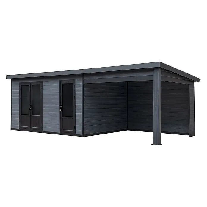 Fjordholz Gartenhaus Style DeLuxe 2-Raum mit Lounge - Außenmaß inkl. Dachüberstand (B x T): 742,5 x 325 cm, Aluminium, Anthrazit/grau - Dunkelgraues Verbundgartenhaus mit zwei Türen und integriertem offenem Carportbereich.