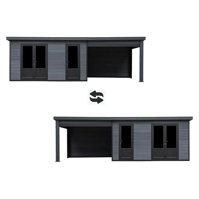 Fjordholz Gartenhaus Style DeLuxe 2-Raum mit Lounge - Außenmaß inkl. Dachüberstand (B x T): 742,5 x 325 cm, Aluminium, Anthrazit/grau - Modularer grauer Geräteschuppen mit schwarzen Türen und Carport, in zwei Konfigurationen gezeigt.