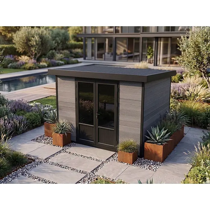 Fjordholz Gartenhaus Style DeLuxe 8,4 m² in moderner Holzoptik - Außenmaß inkl. Dachüberstand (B x T): 323,5 x 327 cm, Aluminium, Anthrazit/grau - Moderner grauer Gartenschuppen mit dunklen Türen und Dach in einem Landschaftsgarten.