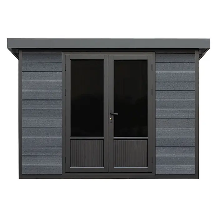 Fjordholz Gartenhaus Style DeLuxe 5,8 m² - Außenmaß inkl. Dachüberstand (B x T): 290 x 200 cm, Aluminium, Anthrazit/grau - Dunkelgraues Komposit-Gartenhaus mit horizontalen Lamellenwänden, Flachdach und Doppeltüren mit verglasten Ober- und geriffelten Unterfeldern.