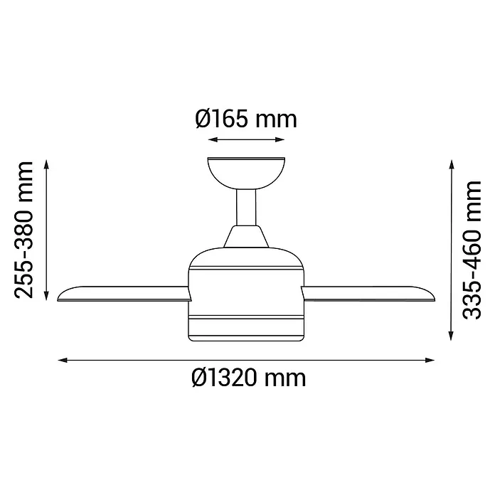 Sulion Ventilador de techo Chiwi - Marrón, 132 cm, 4 W - 34 W - Diagrama de un ventilador de techo con tres aspas, diámetro total 1320 mm, altura total 335-460 mm y caída de aspa 255-380 mm.