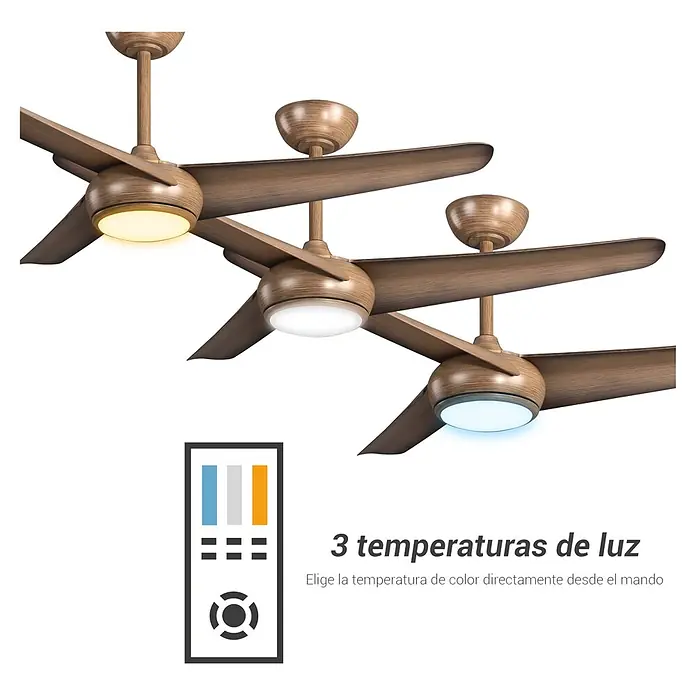 Sulion Ventilador de techo Chiwi - Marrón, 132 cm, 4 W - 34 W - Tres ventiladores de techo de madera con diferentes temperaturas de luz (cálida, neutra, fría), ajustables con mando a distancia.