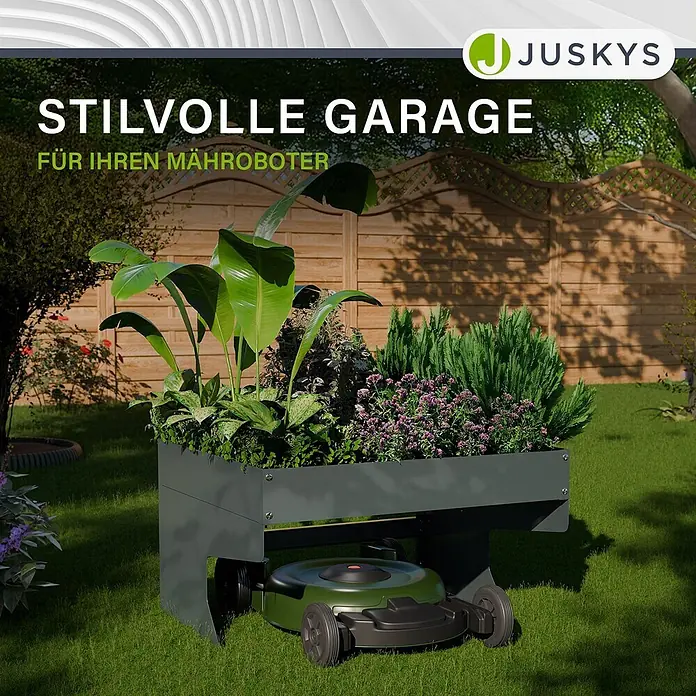 Juskys Mähroboter-Garage Mähroboter Garage - L x B x H: 7 x 6 x 3,7 mm, Anthrazit, Mähroboter - Dunkelgraue Pflanzgefäß-Garage für einen Mähroboter, mit grünem Mäher in einer Gartenumgebung.