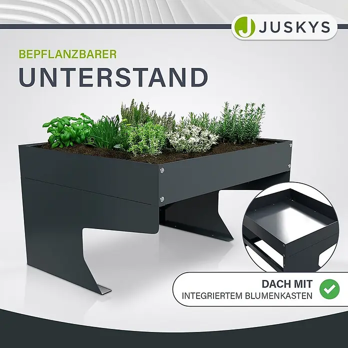 Juskys Mähroboter-Garage Mähroboter Garage - L x B x H: 7 x 6 x 3,7 mm, Anthrazit, Mähroboter - Dunkelgraues Metall-Hochbeet mit Pflanzen und integrierter Ablagefläche unten.