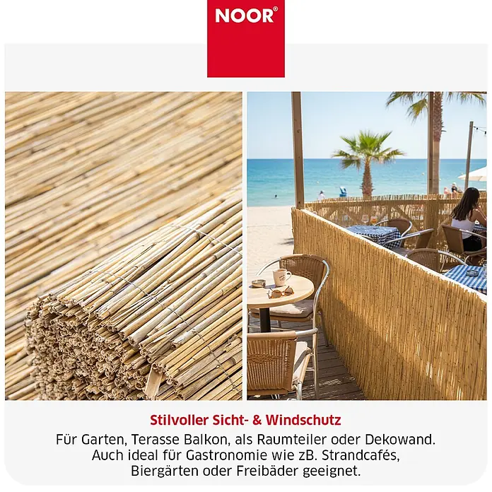 NOOR Sichtschutzelement ST. TROPEZ Schilfrohrmatte - Naturmaterialien, Natur - Sicht- und Windschutz aus Bambus, gerollt und als Zaun in einem Strandcafé, ideal für Garten, Balkon und Gastronomie.