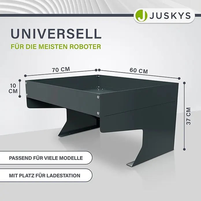 Juskys Mähroboter-Garage Mähroboter Garage - L x B x H: 7 x 6 x 3,7 mm, Anthrazit, Mähroboter - Dunkelgraue universelle Roboterbasis aus Metall, 70x60x37 cm, passend für viele Robotermodelle und Ladestationen.