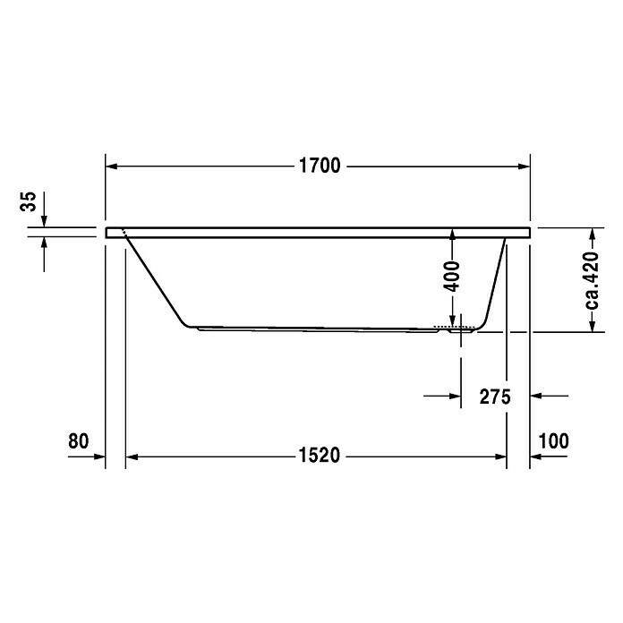 Duravit D-Code Badewanne170 x 70 cm, Ablauf: Fußende, Sanitäracryl, Weiß Front View