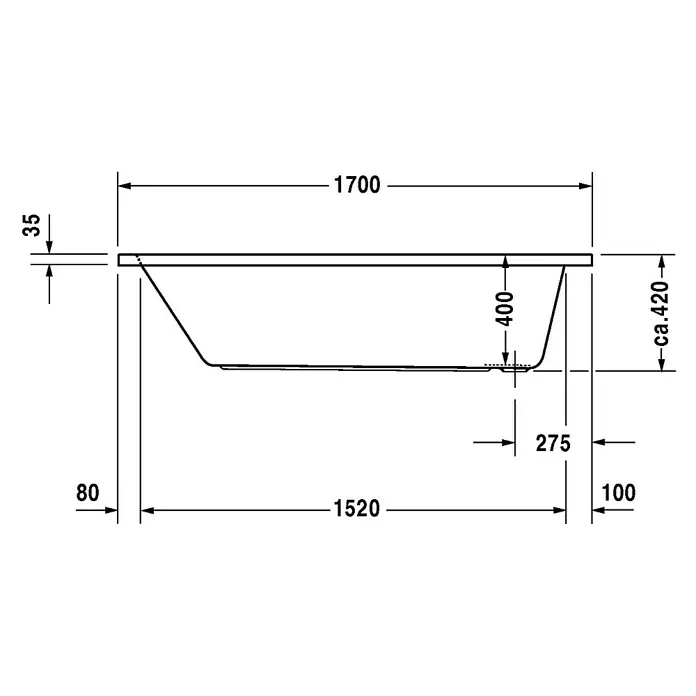 Duravit D-Code Badewanne - 170 x 70 cm, Sanitäracryl, Weiß, Position Ablauföffnung: Fußende - Draufsicht der Badewanne mit Maßangaben zu Länge, Höhe und Breite der Badewanne zur Montage im Badezimmer.