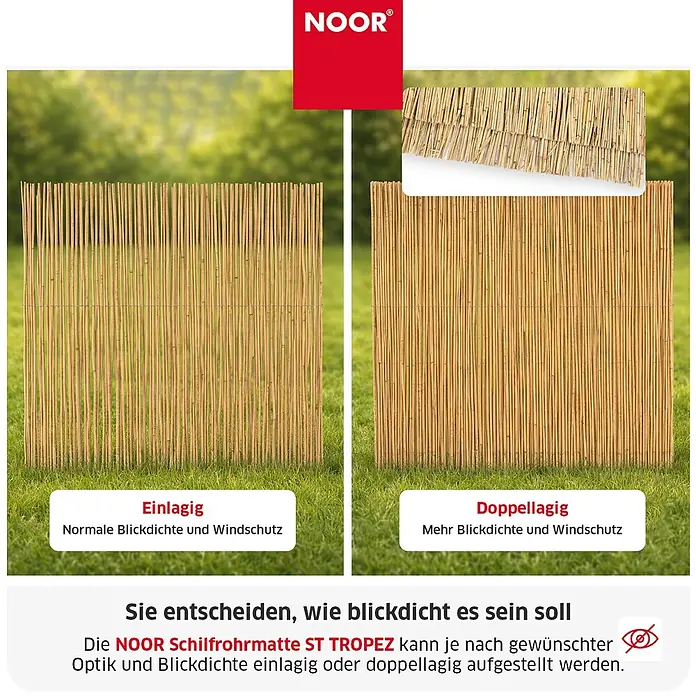 NOOR Sichtschutzelement ST. TROPEZ Schilfrohrmatte - Naturmaterialien, Natur - NOOR Schilfrohrmatte ST TROPEZ, ein- und doppellagig für unterschiedliche Blickdichte und Windschutz dargestellt.
