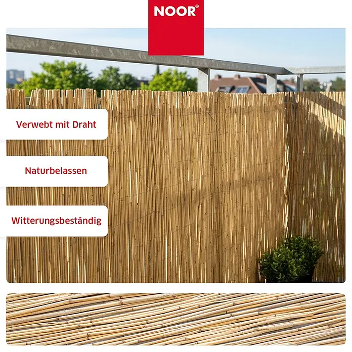 NOOR Sichtschutzelement ST. TROPEZ Schilfrohrmatte - Naturmaterialien, Natur - Natürlicher Bambus-Sichtschutz, mit Draht verwoben, bietet Schatten und Privatsphäre auf einem Balkon.