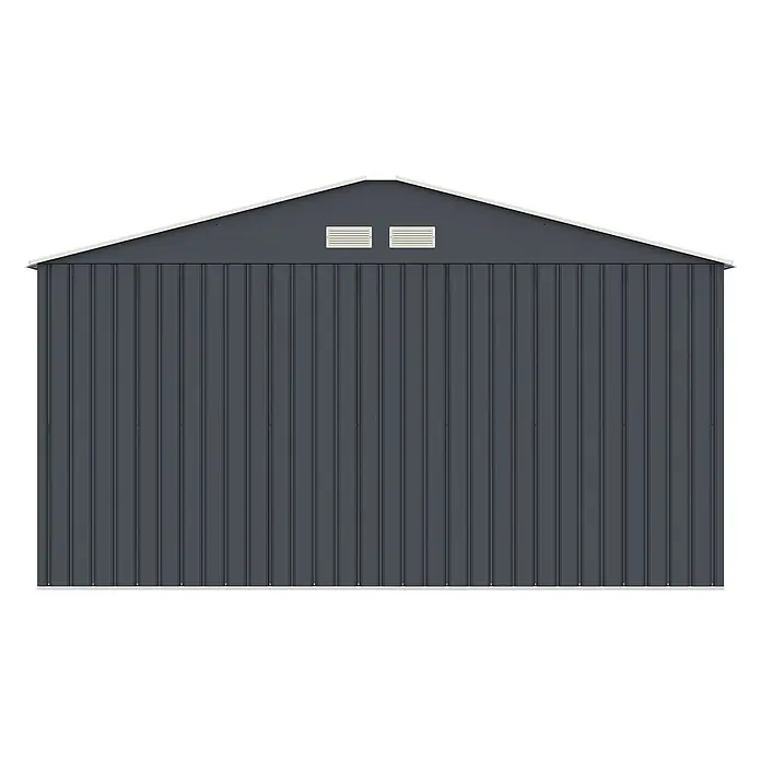 HATTORO Gerätehaus - Außenbreite inkl. Dachüberstand: 341 cm, Außentiefe inkl. Dachüberstand: 386 cm, Stahl, Grau - Dunkelgrauer Metallschuppen mit vertikalen Wellblechpaneelen, weißer Dachblende und zwei hellen Lüftungsschlitzen am Giebel.