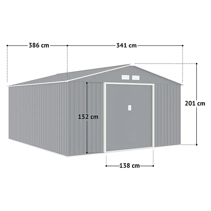 HATTORO Gerätehaus - Außenbreite inkl. Dachüberstand: 341 cm, Außentiefe inkl. Dachüberstand: 386 cm, Stahl, Grau - Graues Metall-Gartenhaus mit Satteldach, das seine Außenmaße einschließlich Länge, Tiefe und Höhe anzeigt.