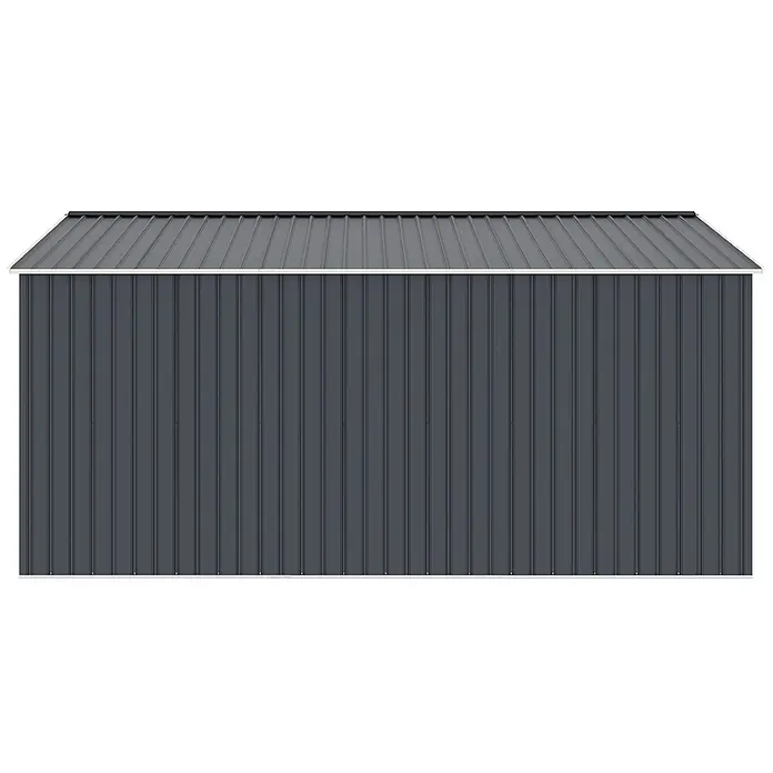 HATTORO Gerätehaus - Außenbreite inkl. Dachüberstand: 341 cm, Außentiefe inkl. Dachüberstand: 386 cm, Stahl, Grau - Dunkelgrauer Metallgeräteschuppen mit Wellblechdach.