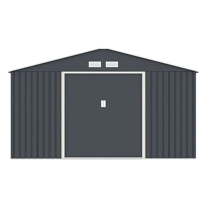 HATTORO Gerätehaus - Außenbreite inkl. Dachüberstand: 341 cm, Außentiefe inkl. Dachüberstand: 386 cm, Stahl, Grau - Vorderansicht eines dunkelgrauen Metall-Gartenschuppens mit hellem Rahmen und Doppeltüren.