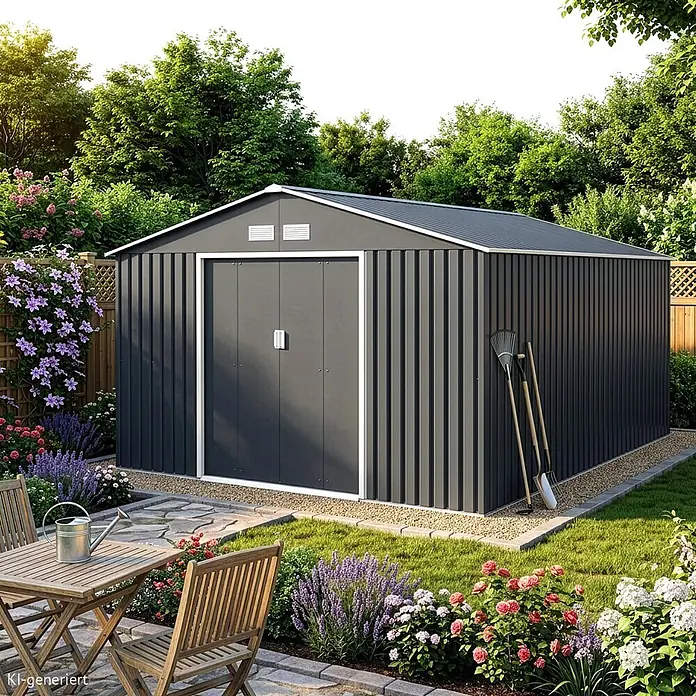 HATTORO Gerätehaus - Außenbreite inkl. Dachüberstand: 341 cm, Außentiefe inkl. Dachüberstand: 386 cm, Stahl, Grau - Dunkelgrauer Metall-Gartenschuppen mit weißem Rand und Doppeltüren, mit Pflanzen und Gartengeräten an der Seite.