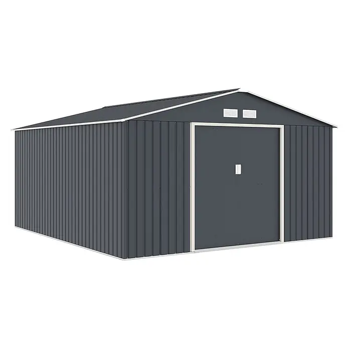 HATTORO Gerätehaus - Außenbreite inkl. Dachüberstand: 341 cm, Außentiefe inkl. Dachüberstand: 386 cm, Stahl, Grau - Dunkelgrauer Metall-Gartenschuppen mit Giebeldach und Einzeltür, ideal zur Aufbewahrung im Freien.