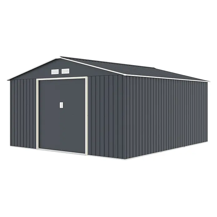 HATTORO Gerätehaus - Außenbreite inkl. Dachüberstand: 341 cm, Außentiefe inkl. Dachüberstand: 386 cm, Stahl, Grau - Ein dunkelgrauer Metallschuppen mit Satteldach und hellem Rahmen.