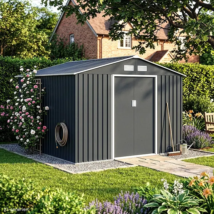 HATTORO Gerätehaus - Außenbreite inkl. Dachüberstand: 277 cm, Außentiefe inkl. Dachüberstand: 259 cm, Stahl, Grau - Dunkelgraues Metallgartenhaus in einem üppigen Garten, mit Doppeltüren, Lüftungsschlitzen und einem Schlauchhalter, umgeben von Blumen.