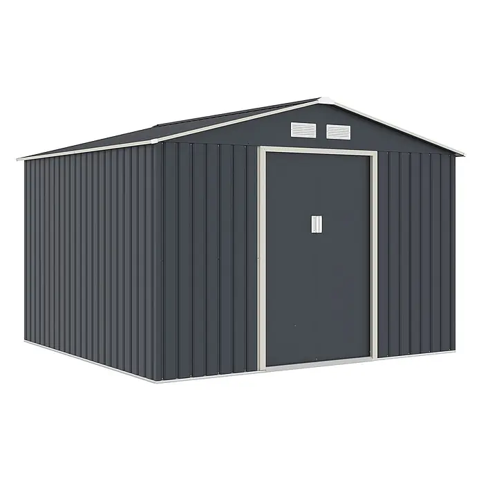 HATTORO Gerätehaus - Außenbreite inkl. Dachüberstand: 277 cm, Außentiefe inkl. Dachüberstand: 259 cm, Stahl, Grau - Dunkelgrauer Gartenschuppen aus Metall mit Giebeldach und Doppeltüren für den Außenbereich.