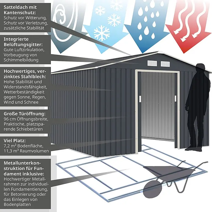 HATTORO Gerätehaus - Außenbreite inkl. Dachüberstand: 277 cm, Außentiefe inkl. Dachüberstand: 259 cm, Stahl, Grau - Dunkelgraues Gartenhaus aus verzinktem Stahlblech mit Satteldach, Lüftung und großen Schiebetüren, inklusive Metallfundamentrahmen.