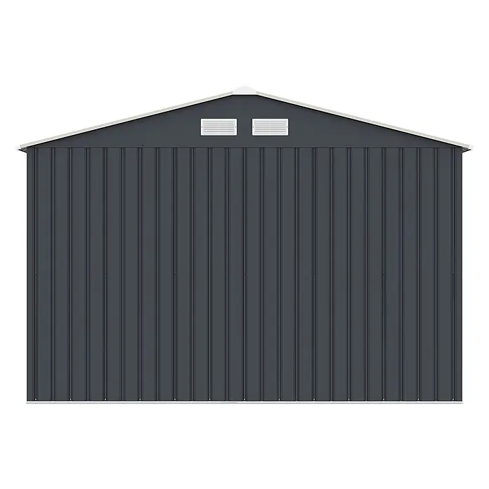 HATTORO Gerätehaus - Außenbreite inkl. Dachüberstand: 277 cm, Außentiefe inkl. Dachüberstand: 259 cm, Stahl, Grau - Dunkelgraues Metallgartenhaus mit Giebeldach und zwei Lüftungsgittern.
