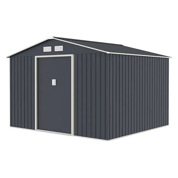 HATTORO Gerätehaus - Außenbreite inkl. Dachüberstand: 277 cm, Außentiefe inkl. Dachüberstand: 259 cm, Stahl, Grau - Ein dunkelgrauer Geräteschuppen aus Wellblech mit Satteldach und einer Tür, mit hellem Rahmen und Lüftungsschlitzen.