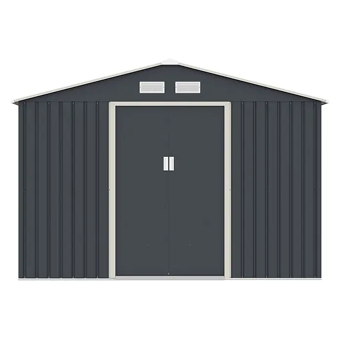 HATTORO Gerätehaus - Außenbreite inkl. Dachüberstand: 277 cm, Außentiefe inkl. Dachüberstand: 259 cm, Stahl, Grau - Dunkelgraues Wellblech-Gartengerätehaus mit Doppeltüren, weißem Zierleisten und zwei Lüftungsschlitzen.