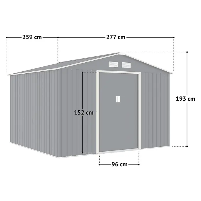 HATTORO Gerätehaus - Außenbreite inkl. Dachüberstand: 277 cm, Außentiefe inkl. Dachüberstand: 259 cm, Stahl, Grau - Graues Metallgerätehaus mit Satteldach und Tür, Maße angegeben.