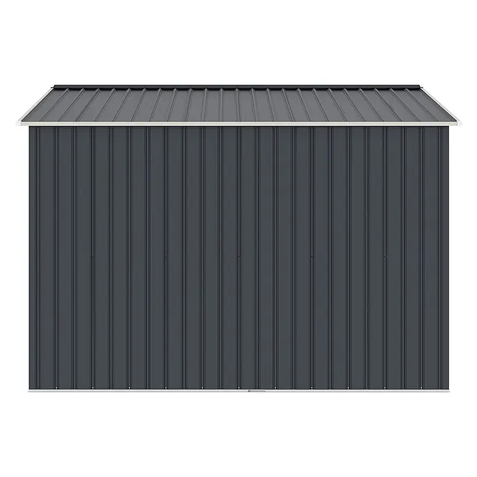 HATTORO Gerätehaus - Außenbreite inkl. Dachüberstand: 277 cm, Außentiefe inkl. Dachüberstand: 259 cm, Stahl, Grau - Dunkelgrauer Geräteschuppen aus Metall mit schrägem Wellblechdach.