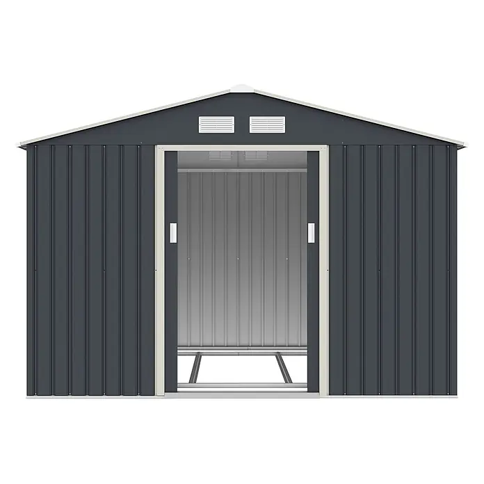 HATTORO Gerätehaus - Außenbreite inkl. Dachüberstand: 277 cm, Außentiefe inkl. Dachüberstand: 259 cm, Stahl, Grau - Dunkelgrauer Metallgeräteschuppen mit weißer Verkleidung und Lüftungsschlitzen, offene Doppelschiebetüren zeigen Innenraum und Rahmen.