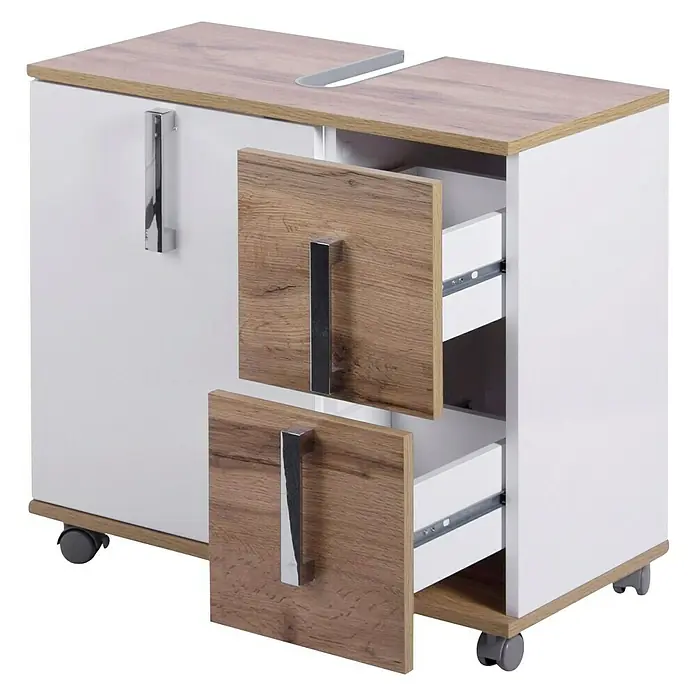 Schildmeyer Luca Waschtischunterschrank - 65 x 32 x 60 cm, Weiß/Wotaneiche - Schrank mit Schubladen und Rollen, der Schubladenbereich ist mit Holztüren versehen. Das Oberteil ist holzfarben.