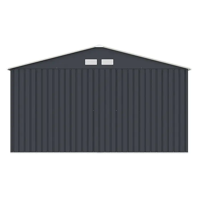 HATTORO Gerätehaus S350 - Außenbreite inkl. Dachüberstand: 341 cm, Außentiefe inkl. Dachüberstand: 322 cm, Stahl, Grau - Dunkelgrauer Metall-Geräteschuppen mit Giebeldach und zwei oberen Lüftungsschlitzen.