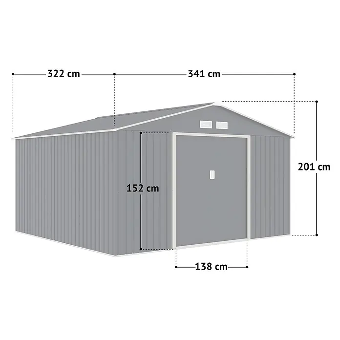 HATTORO Gerätehaus S350 - Außenbreite inkl. Dachüberstand: 341 cm, Außentiefe inkl. Dachüberstand: 322 cm, Stahl, Grau - Grauer Wellblech-Geräteschuppen mit Satteldach und Einzeltür.